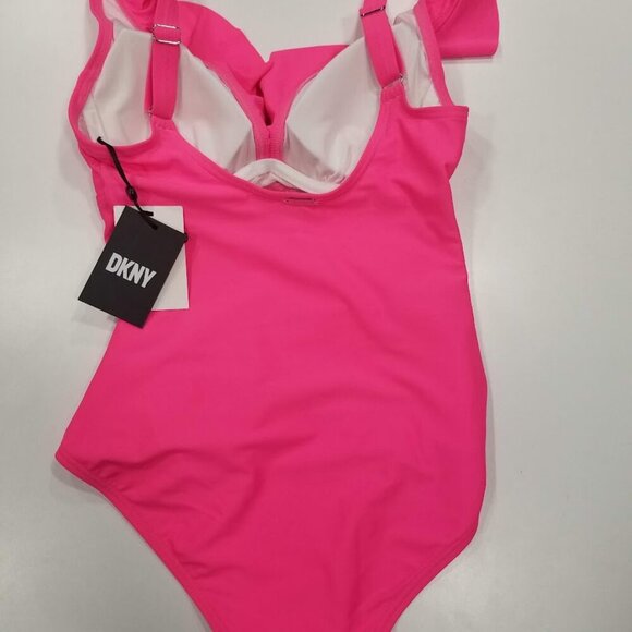 DKNY Ruffle Plunge Underwire Tummy Control One-Piece Swimsuit Neon Pink - Picture 8 of 11